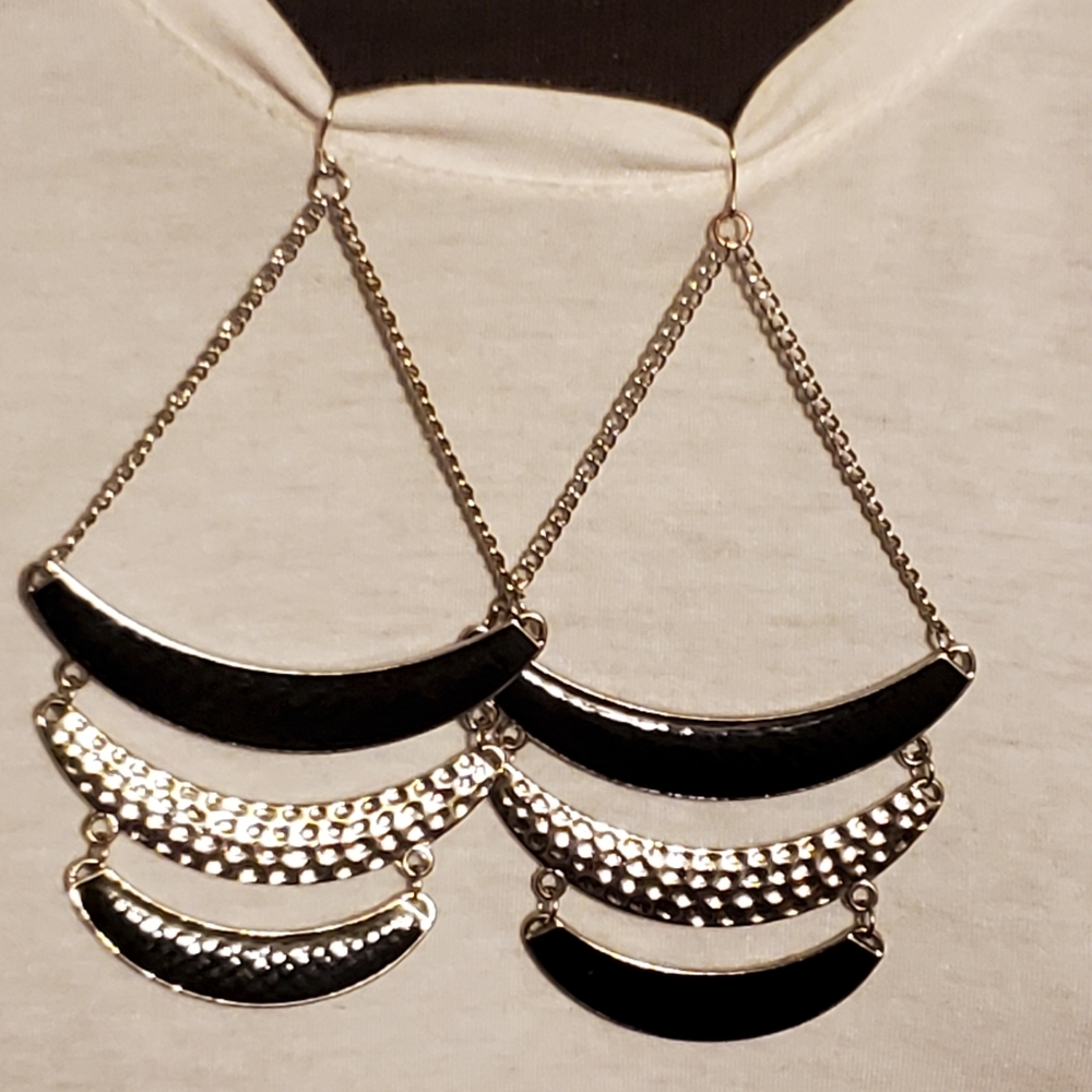 Silvertone and black large tiered chandelier statement earrings